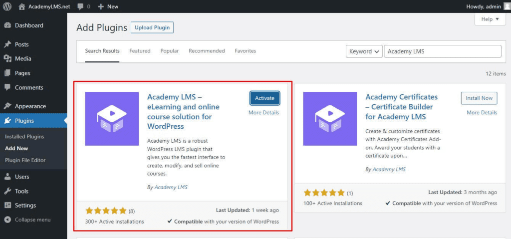 install and activate academy LMS 