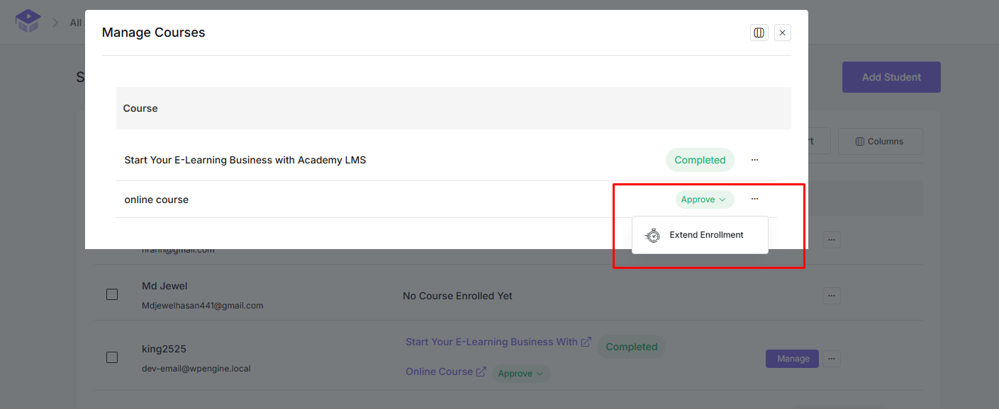 Manage Courses popup