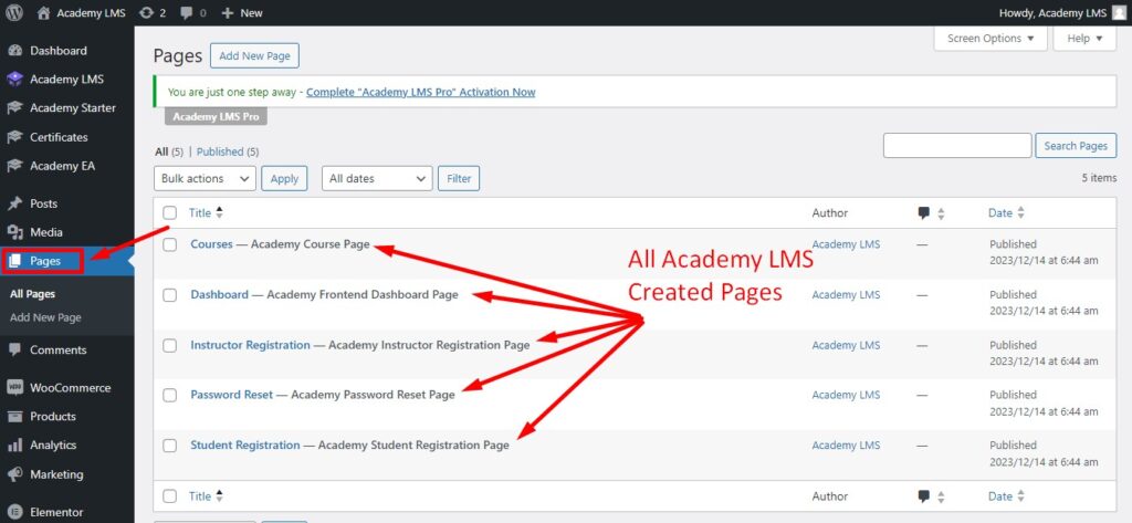 pages created by academy lms