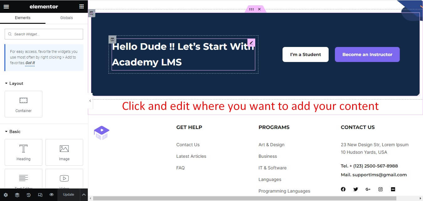 edit the footer section of academy starter templates