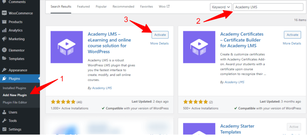 install and activate academy lms