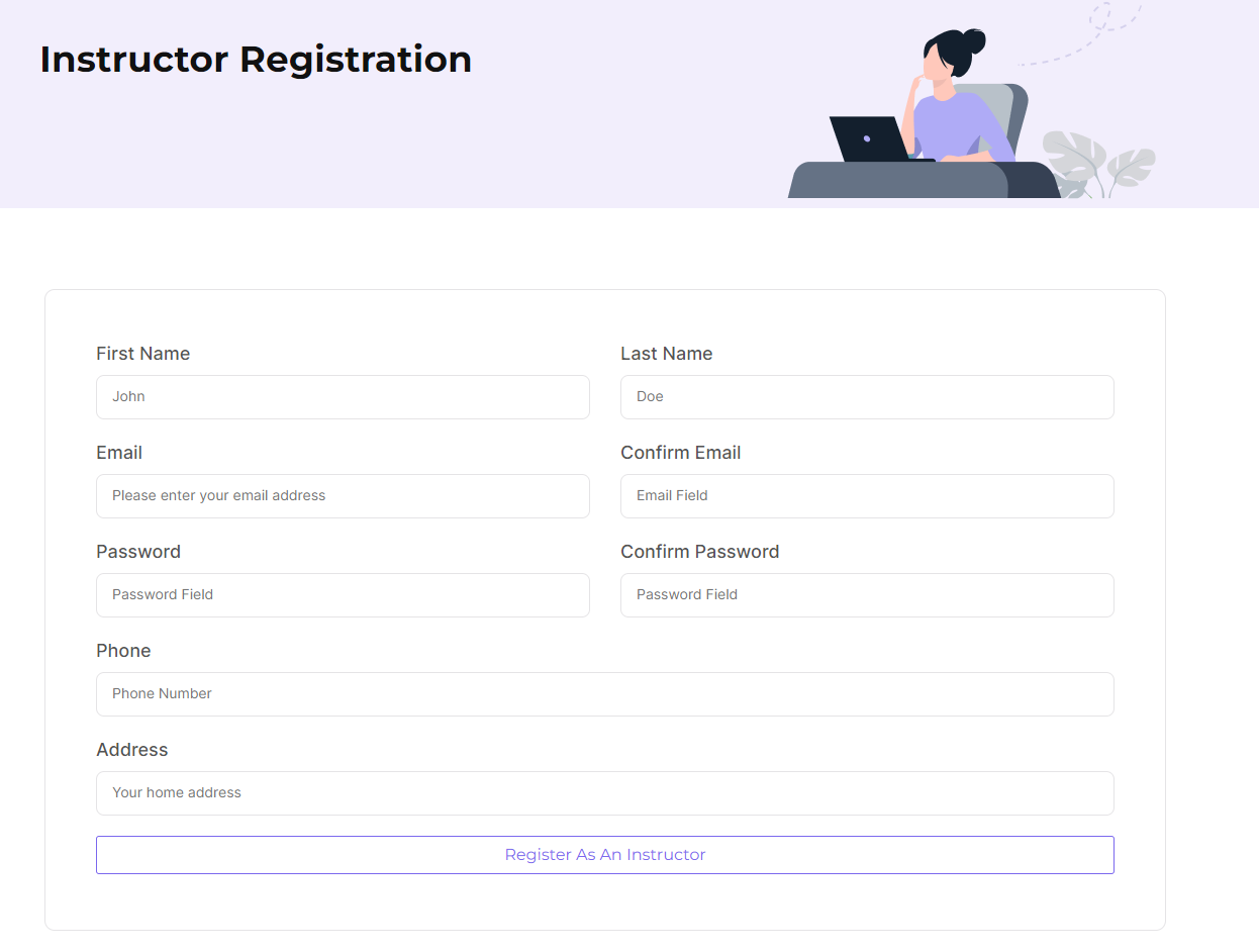 preview of an instructor registration form