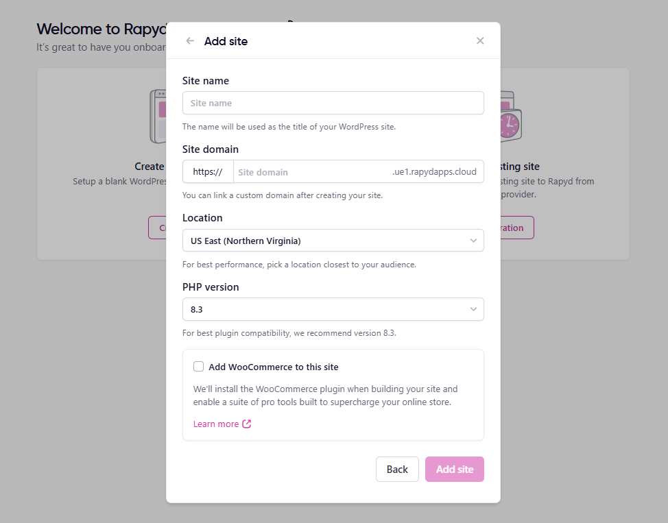 Add Site on Rapyd Cloud 