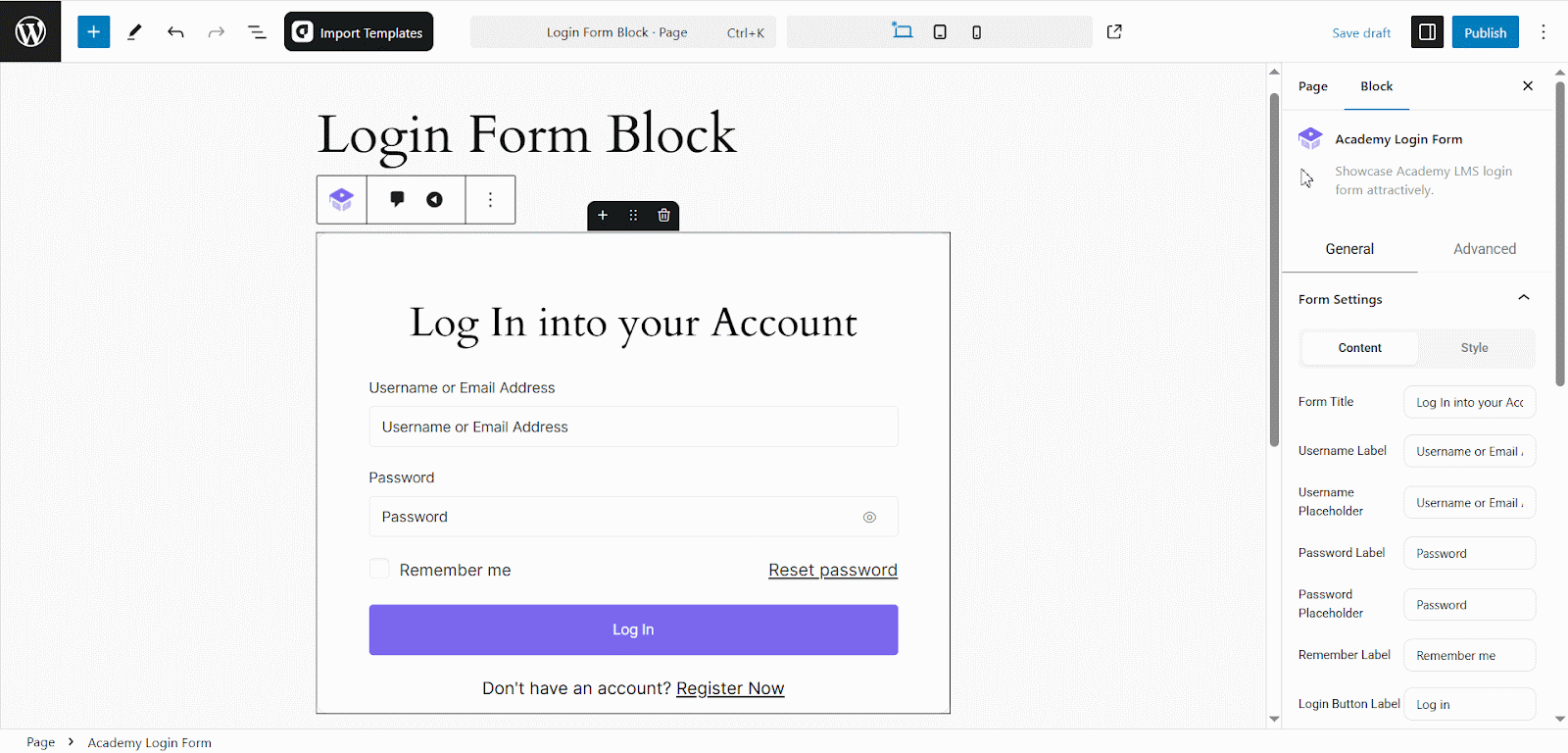 Customizing the Academy Login Form Block