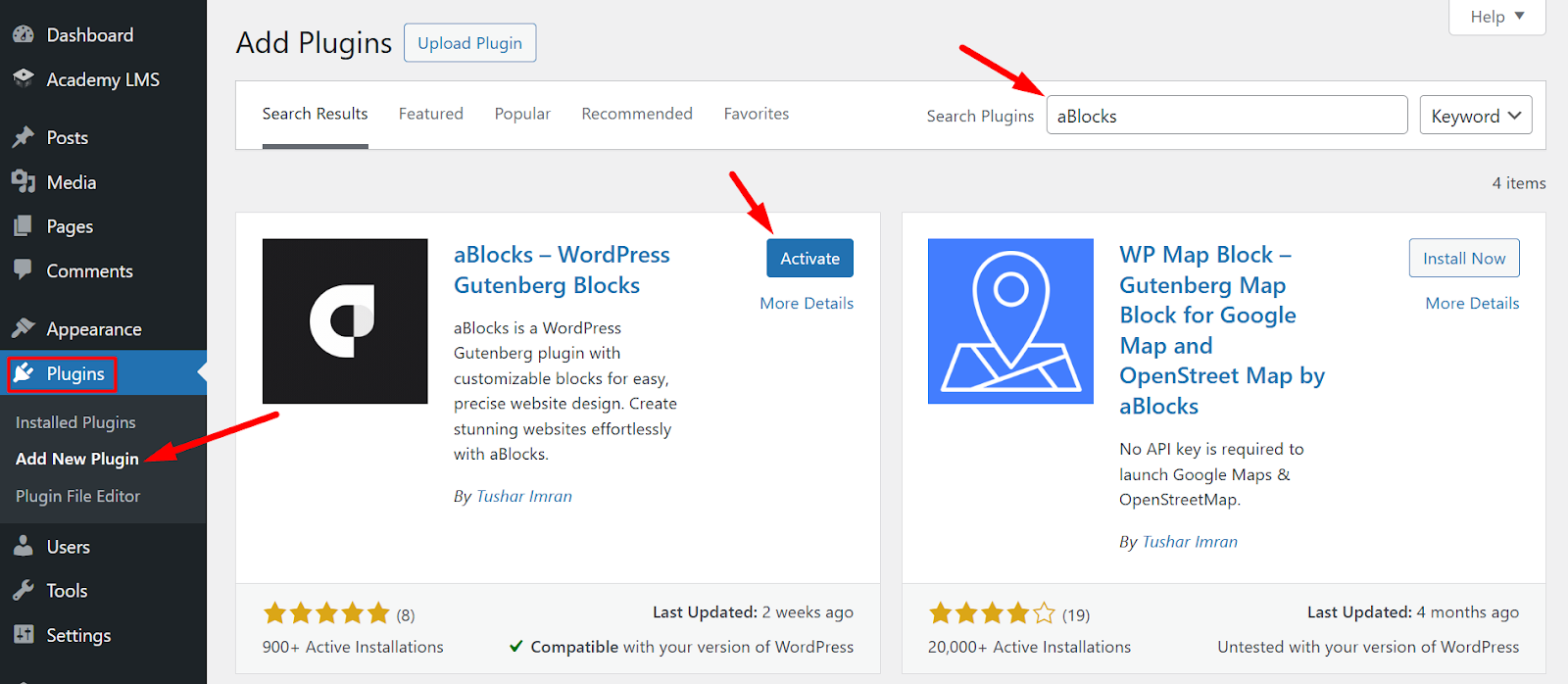 To use Course Grib block, ensure the aBlocks plugin is installed and activated on your site.