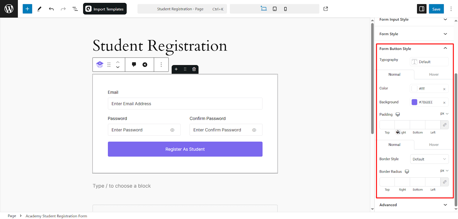 Customize the Form Button Style option