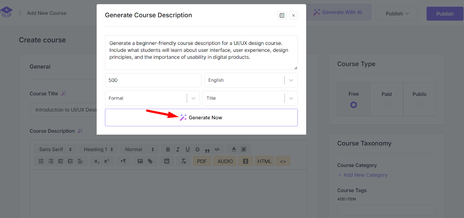 generate course description with ai studio