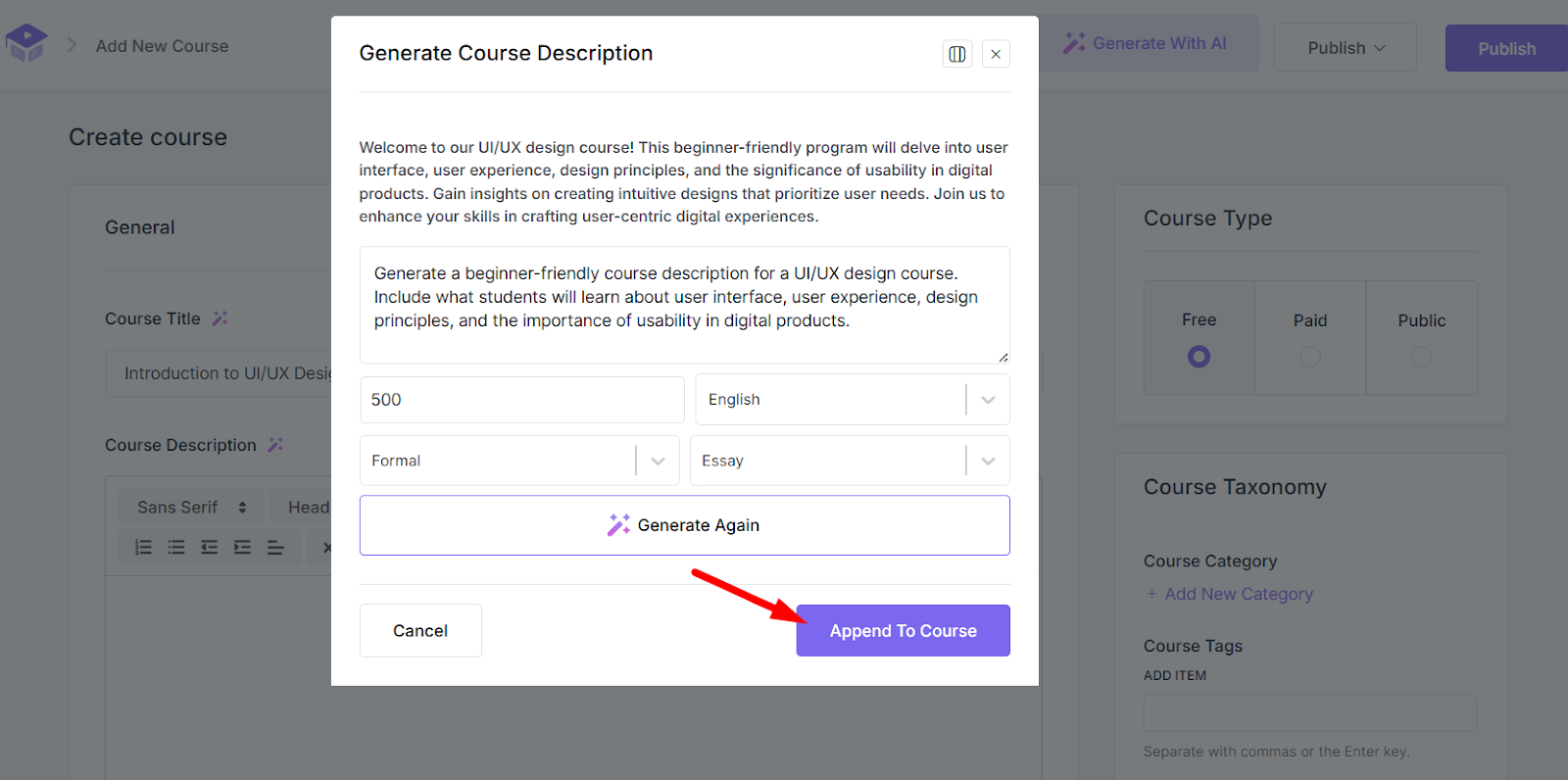 ai generated couses description append to course