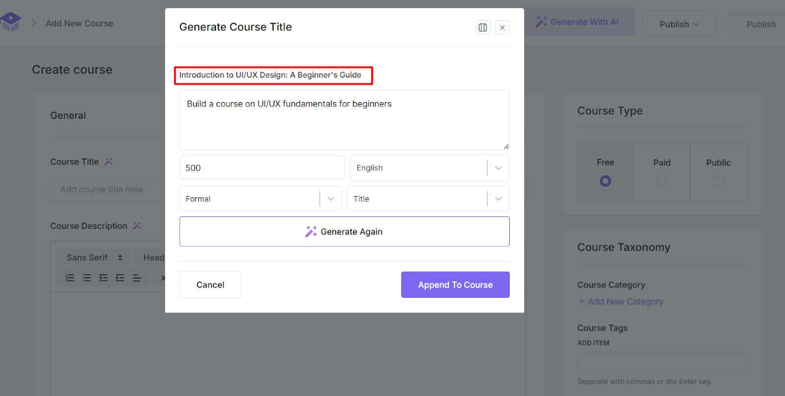 generated title append to course