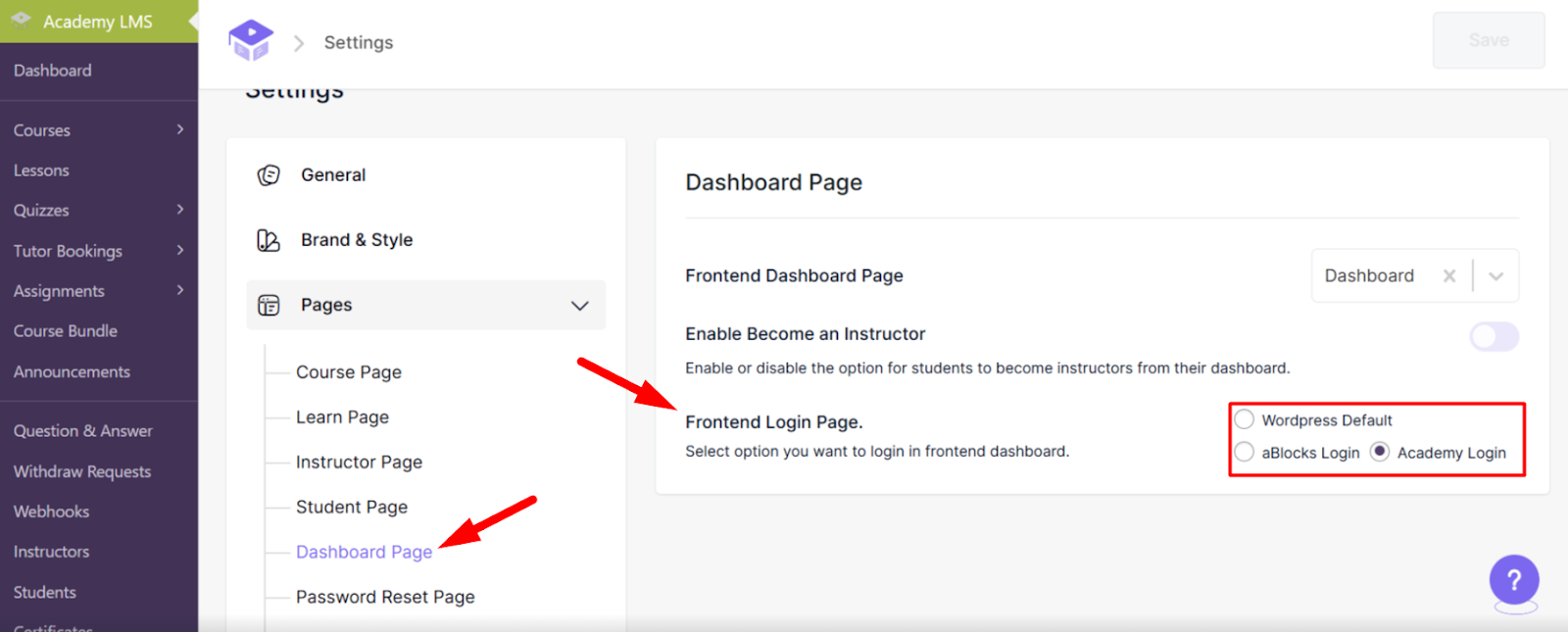 Frontend Login Page setting highlighted in Academy LMS