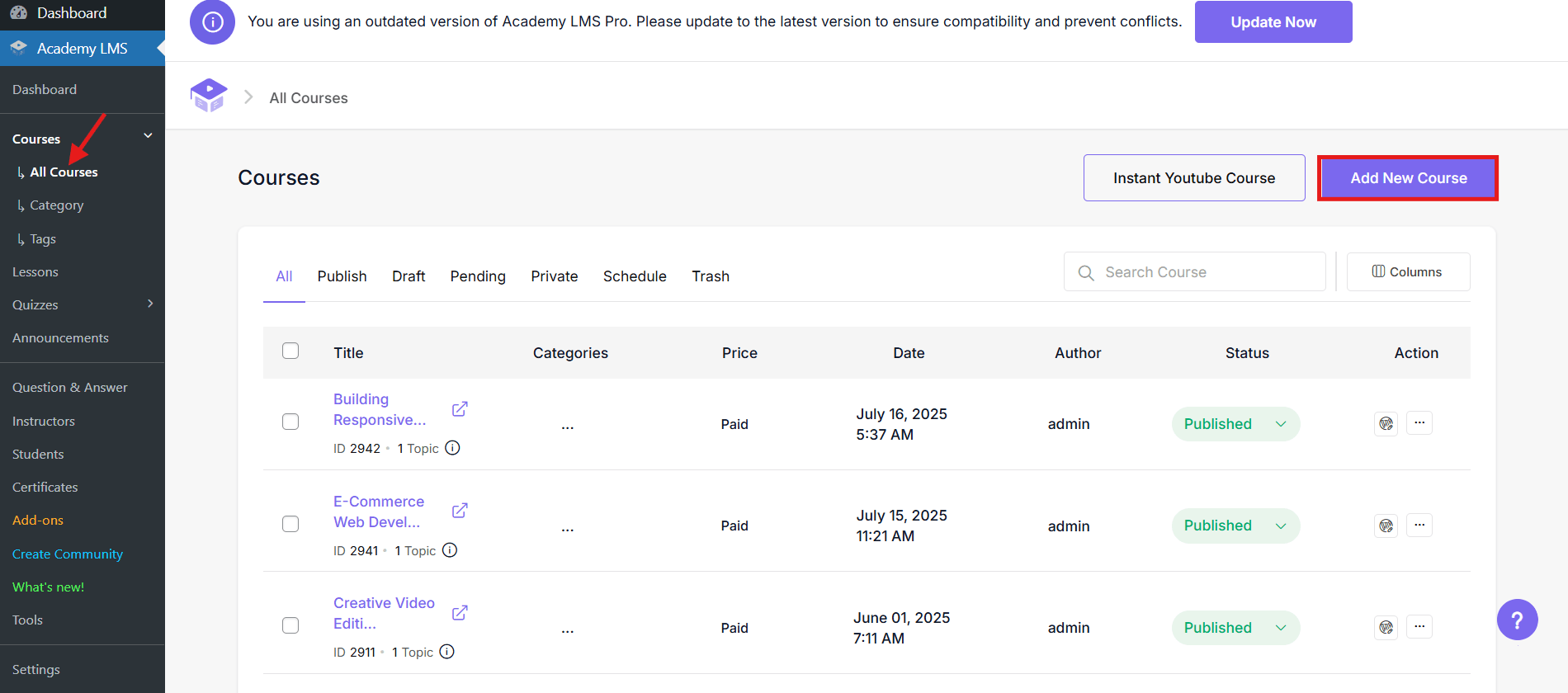 Courses Dashboard