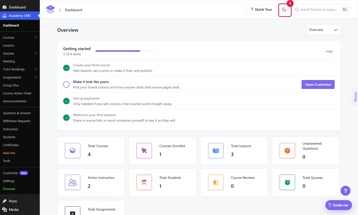 academy admin dashboard Light Mode