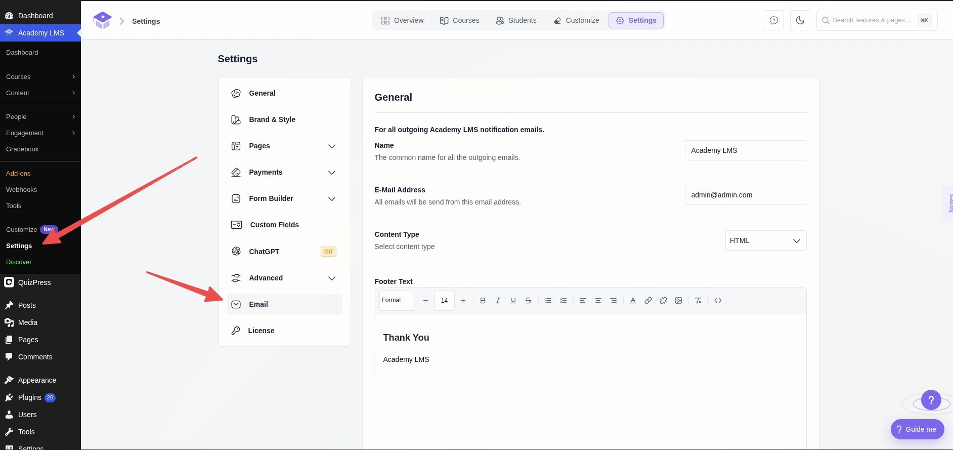 Academy Email settings