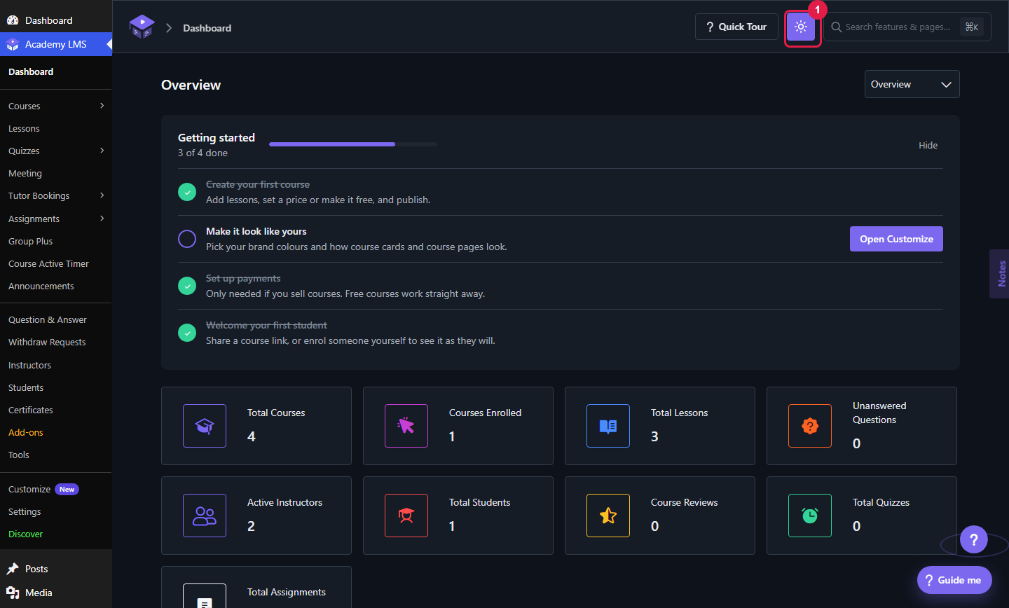 Academy lms admin dashboard dark mode