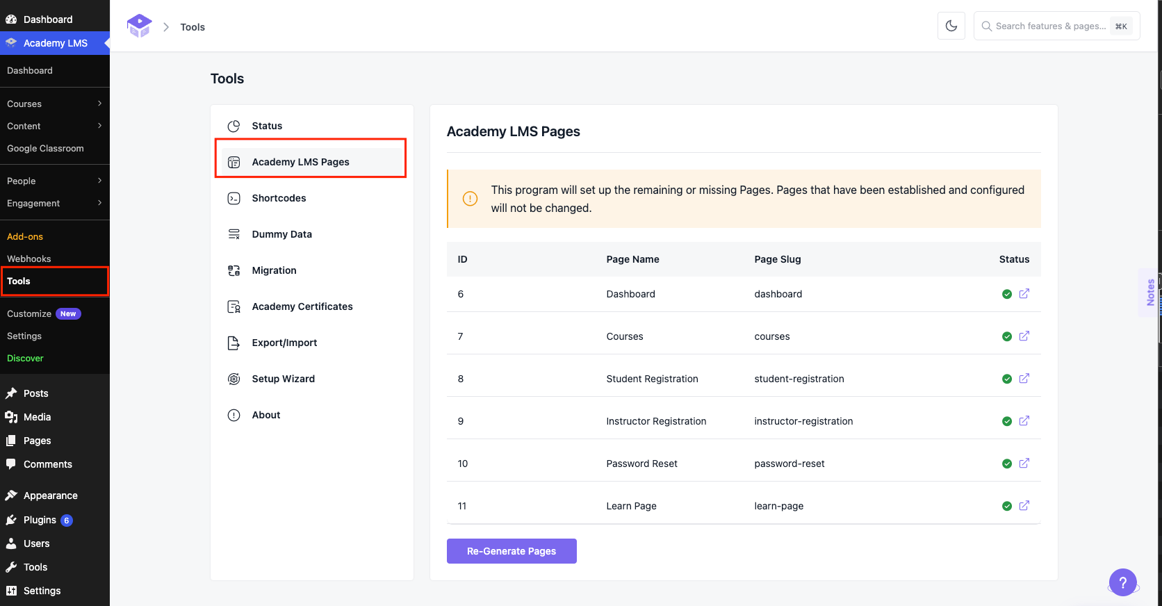 Academy LMS Pages