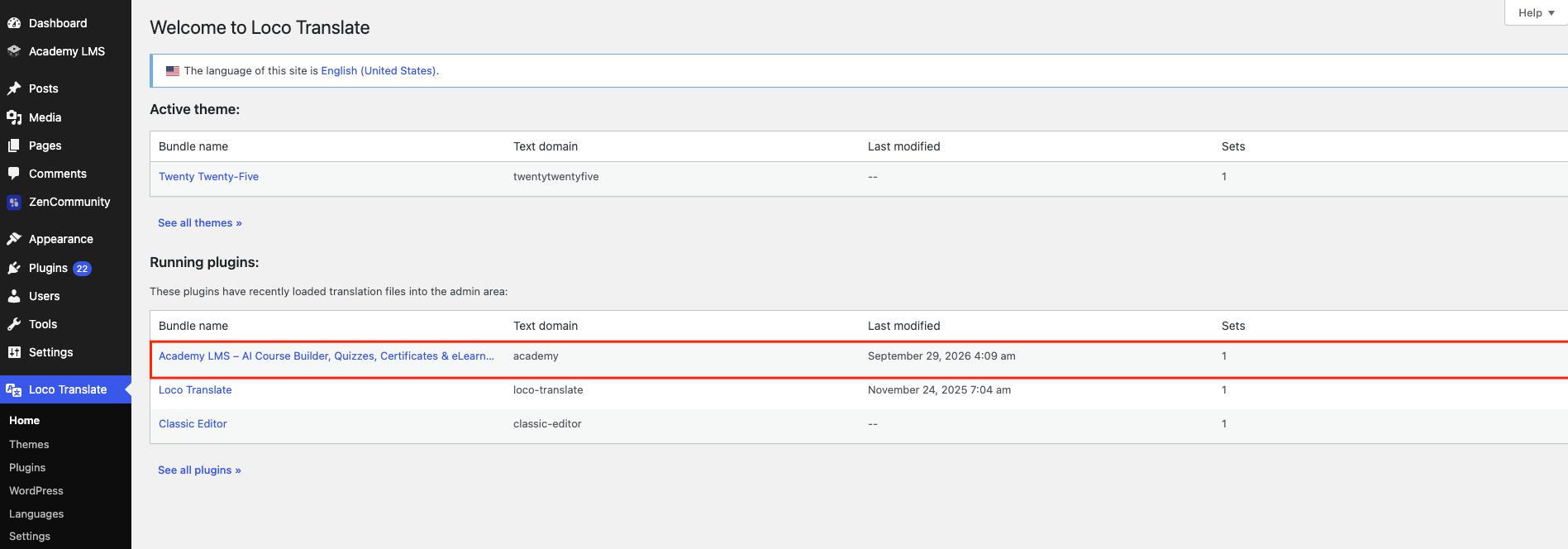 Academy Lms plugin locate in Loco translation