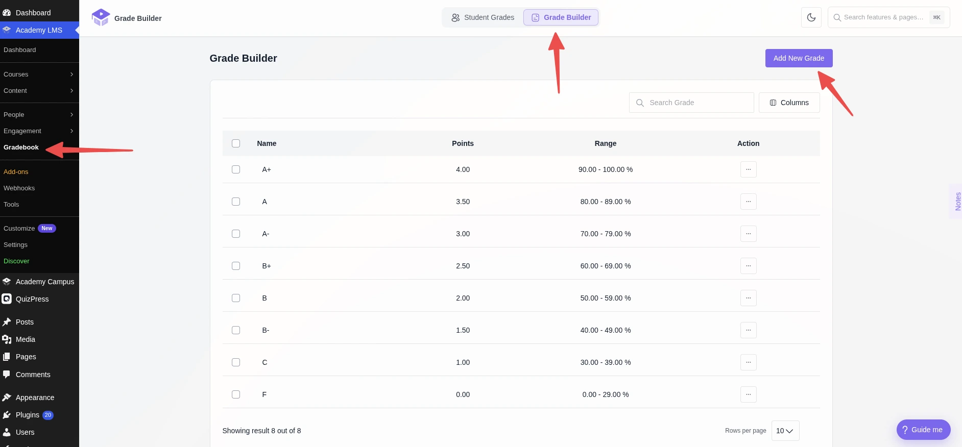 Add new grade button