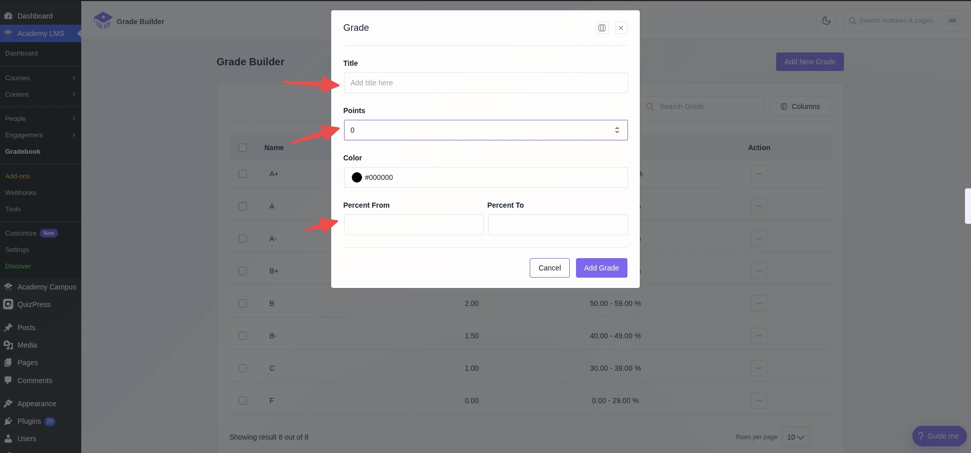Add new grade modal