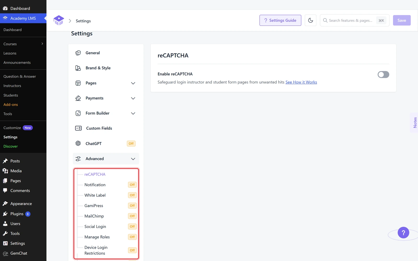 Advanced lists settings