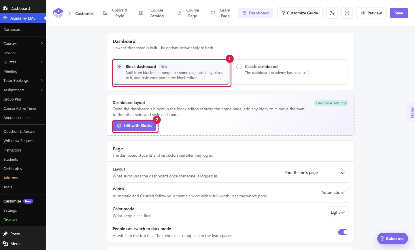 Block dashboard option selected with the Edit with Blocks button marked