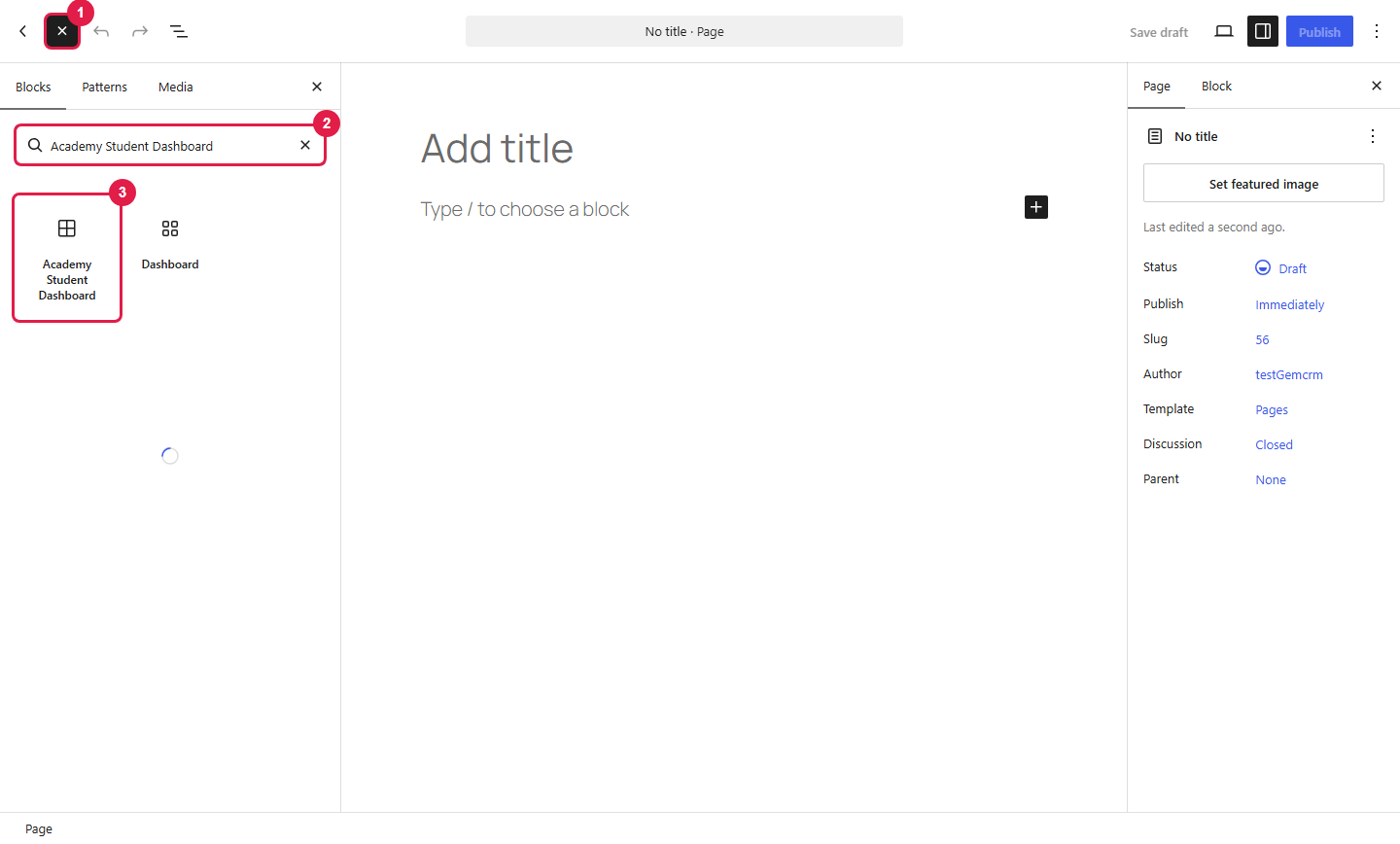 Block editor with the block inserter open, the search box showing Academy Student Dashboard and the block result marked
