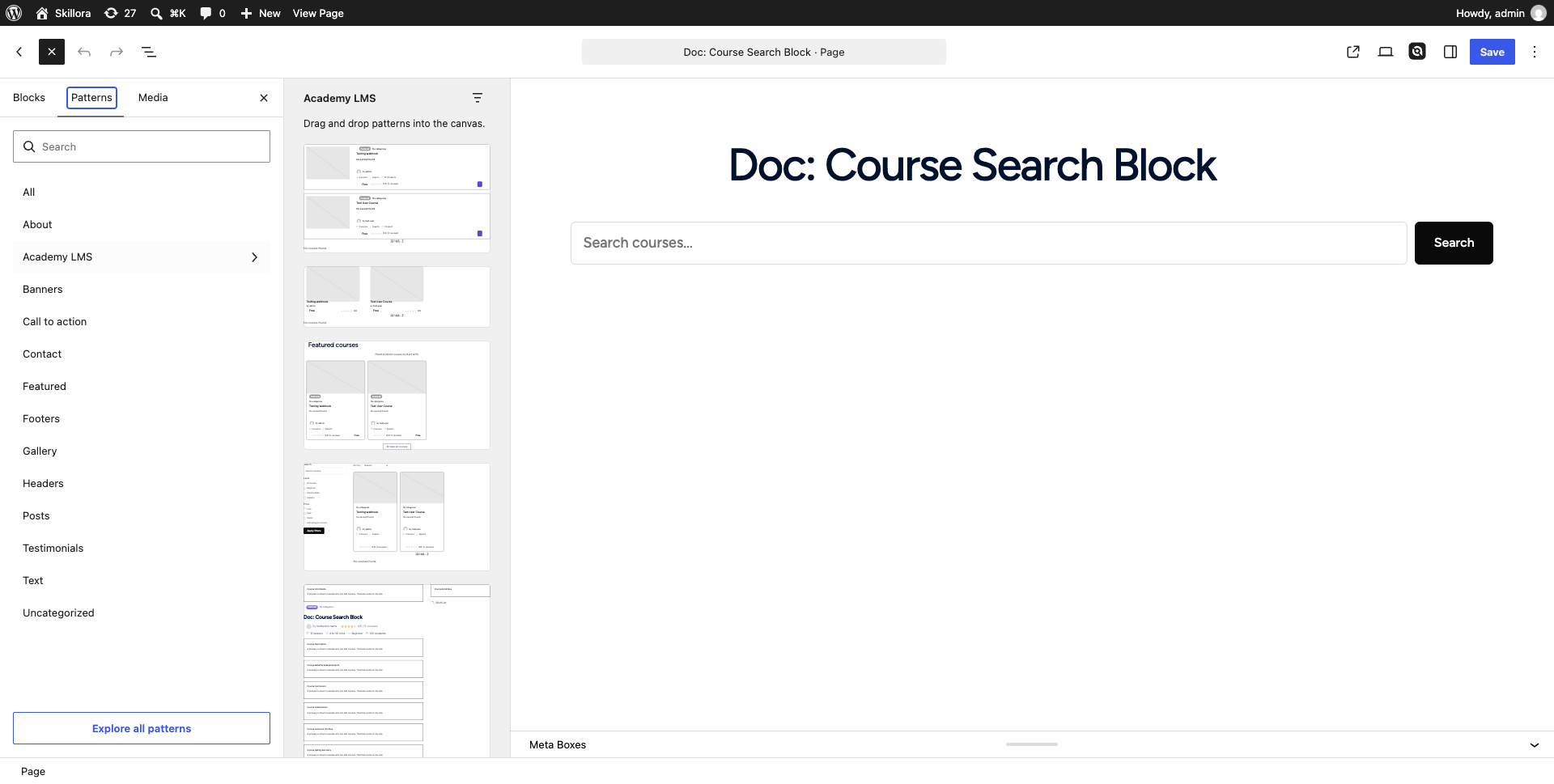 Block inserter open on the Patterns tab, showing the Academy LMS pattern category with course grid and course list previews