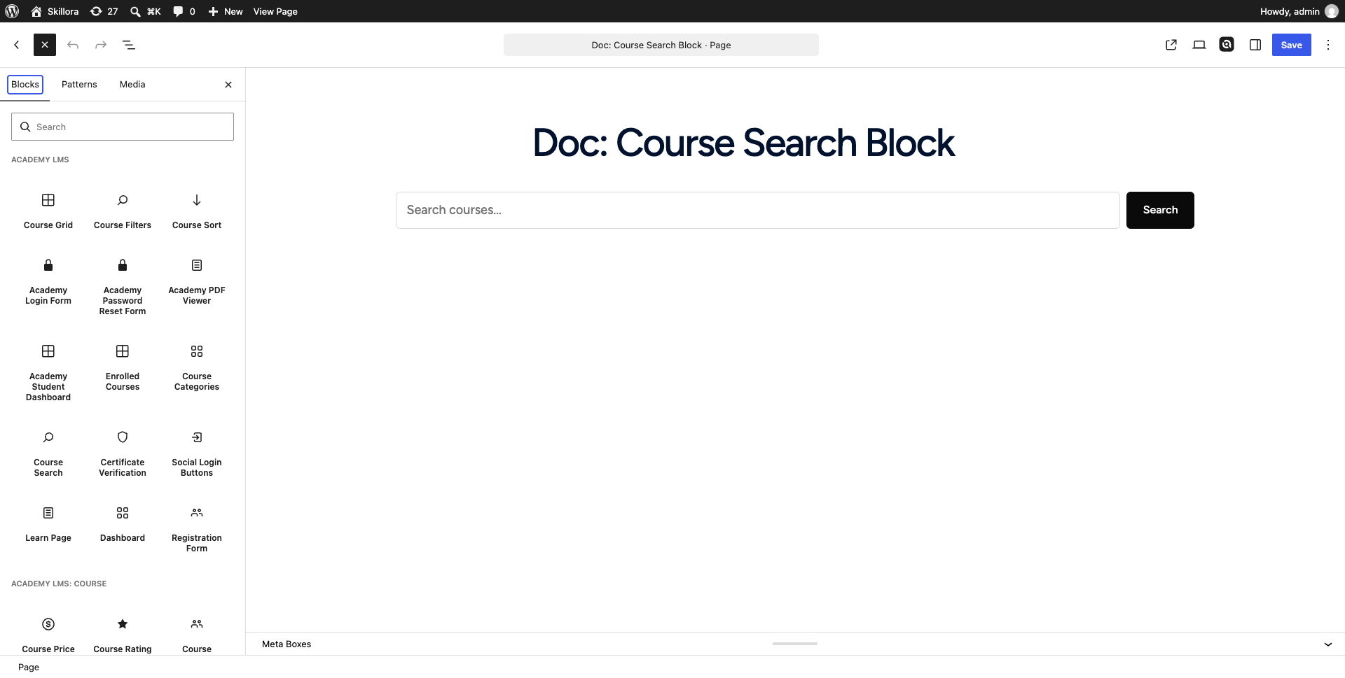 Block inserter’s Blocks tab, showing the “ACADEMY LMS” and “ACADEMY LMS: COURSE” categories with their full list of blocks