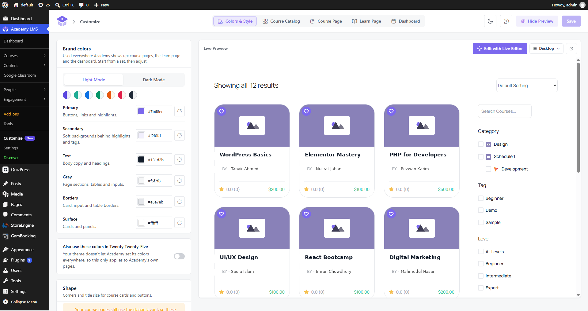 Academy LMS Customize Page