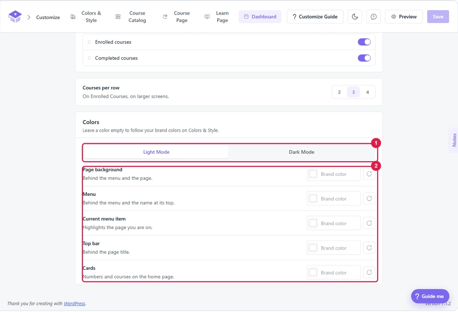 Colors settings with the Light Mode and Dark Mode tabs and the five color fields marked