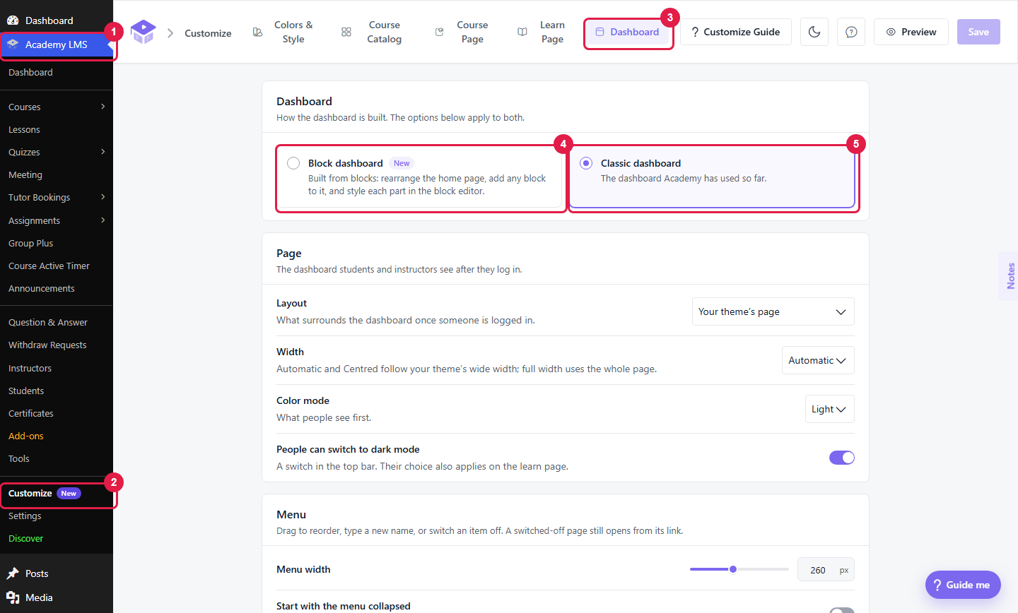 Customize screen on the Dashboard tab with the Academy LMS and Customize menu items, the Dashboard tab, and the Block dashboard and Classic dashboard options marked