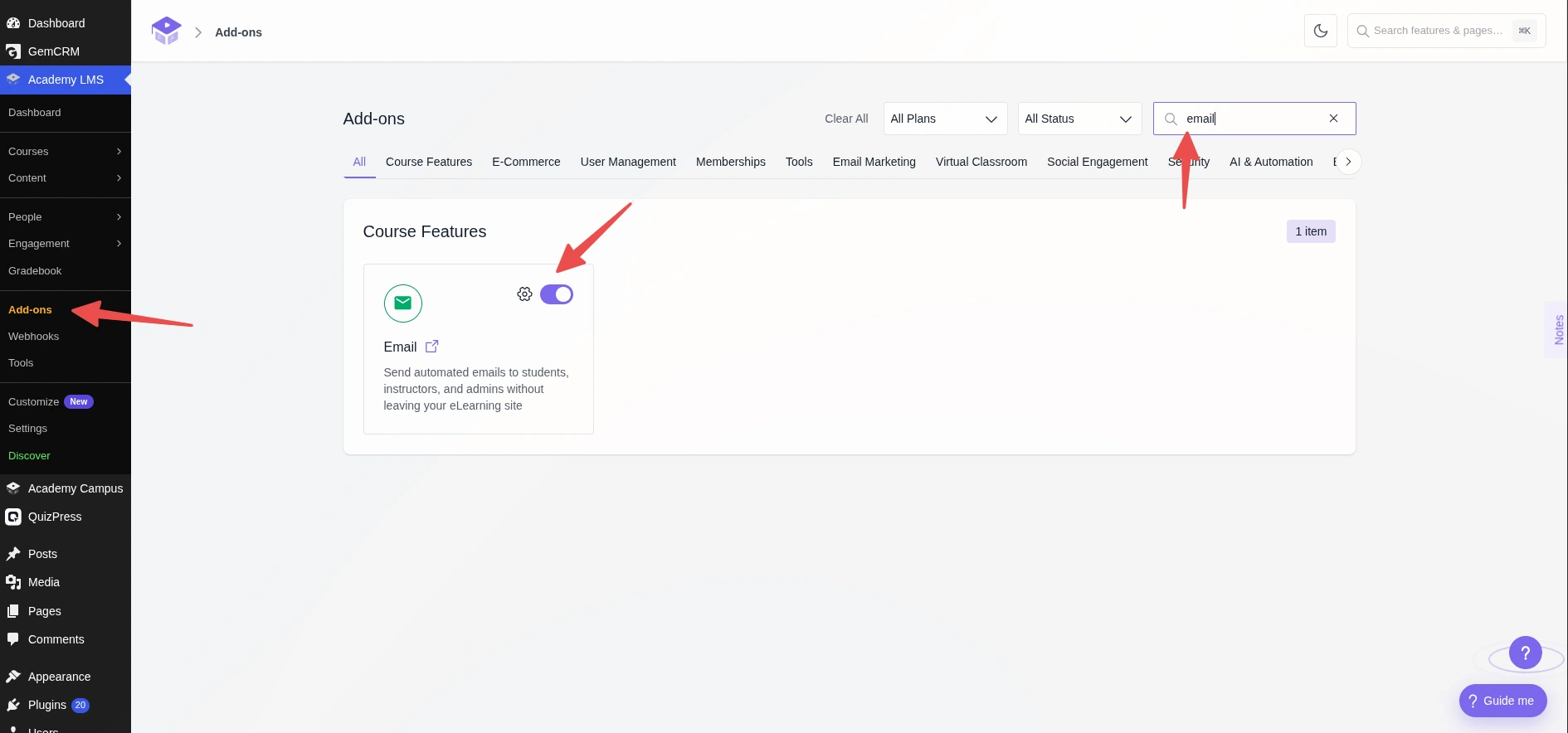 Email Addon activation