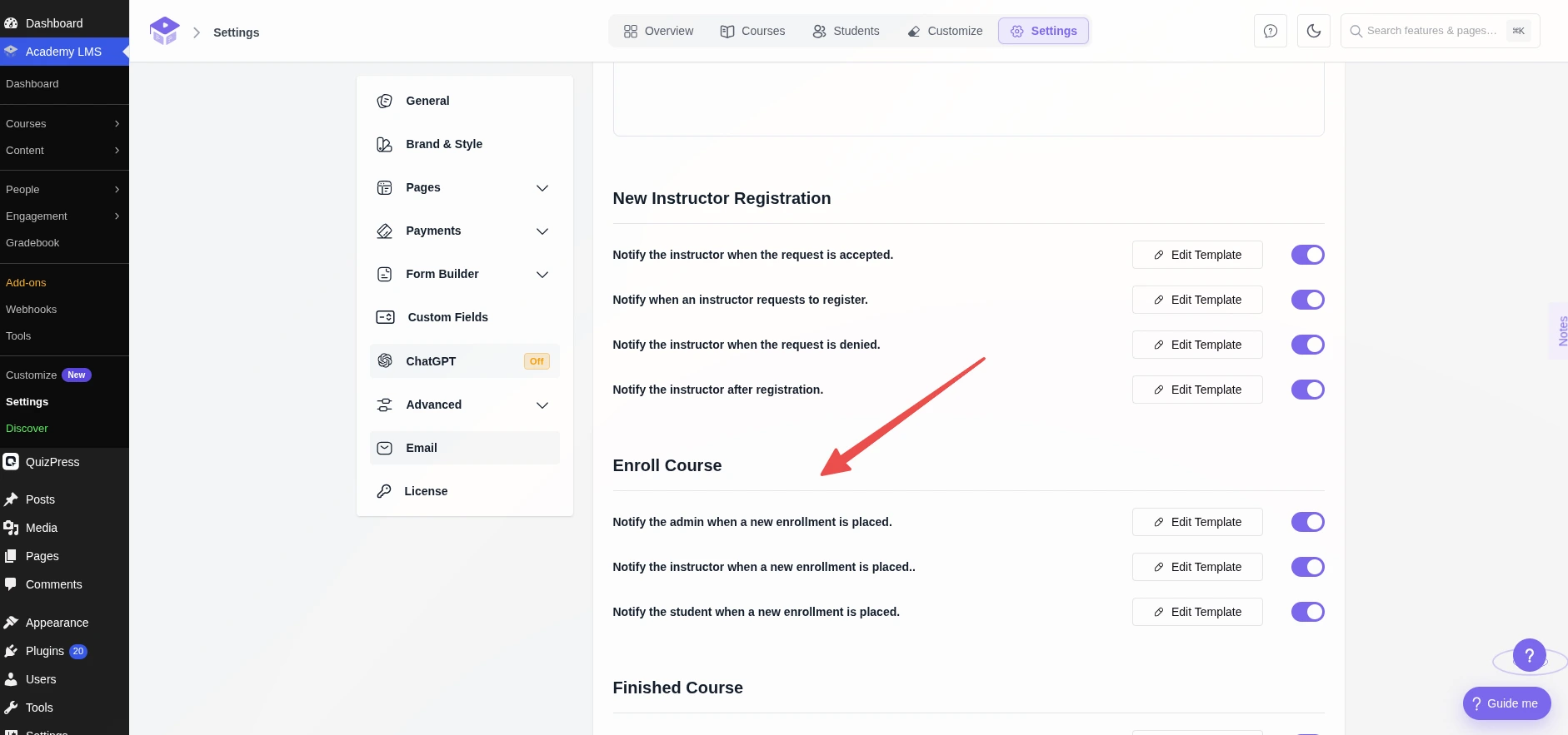 Enroll course, Email Settings