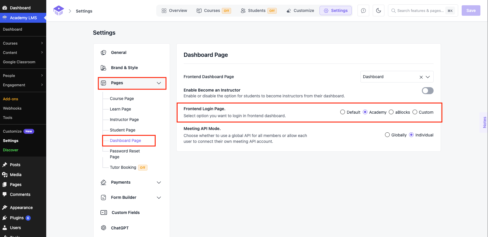 Frontend Login Page options