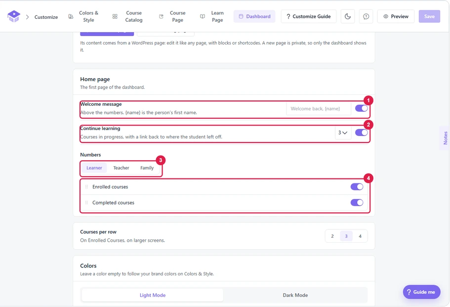 Home page settings with the welcome message, continue learning, the Learner Teacher and Family tabs and the number cards marked