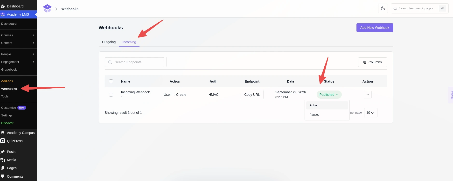 Incoming webhook status to publish