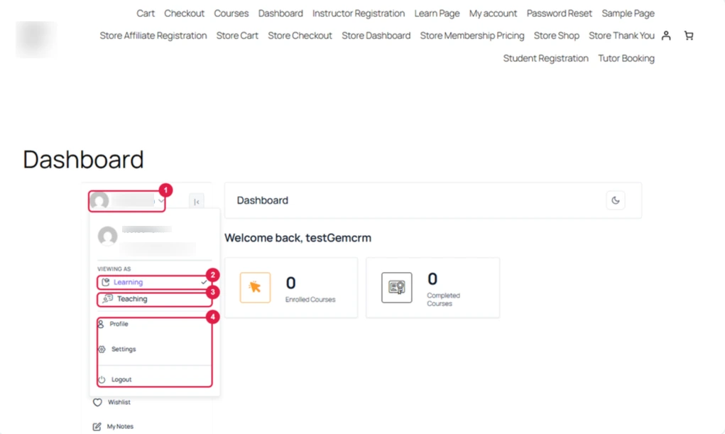 Menu opened from the name and photo with Viewing as, Learning and Teaching, and the Profile, Settings and Logout links marked