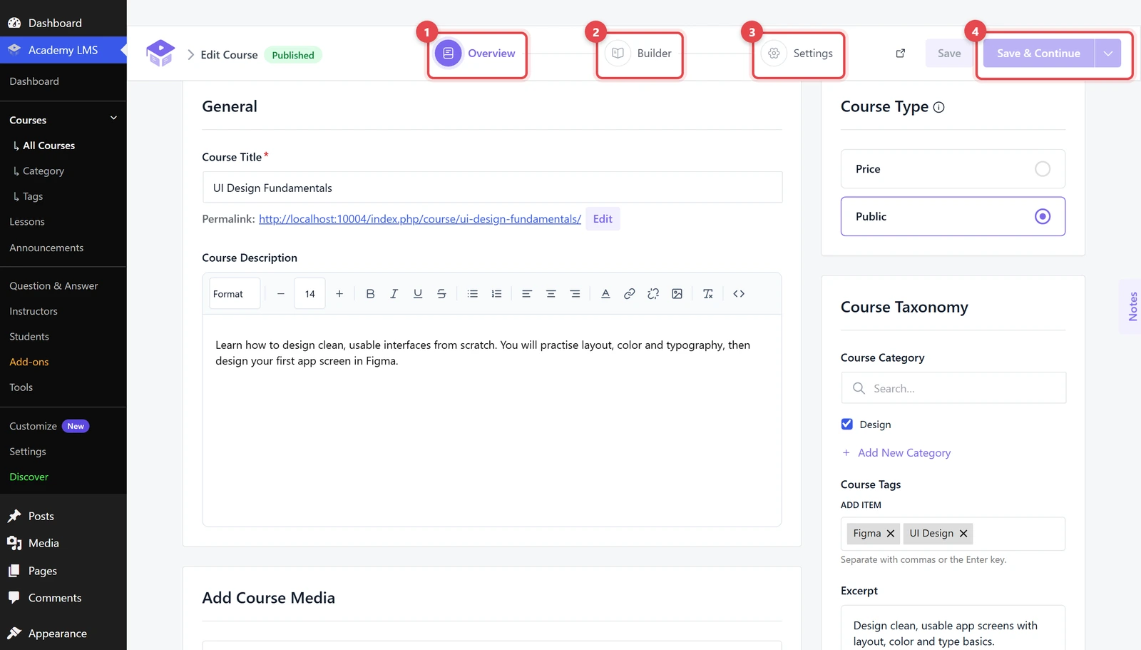 Overview, Builder, and Settings