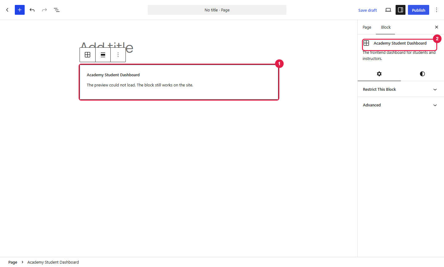 Page with the Academy Student Dashboard block added and its name marked in the block settings