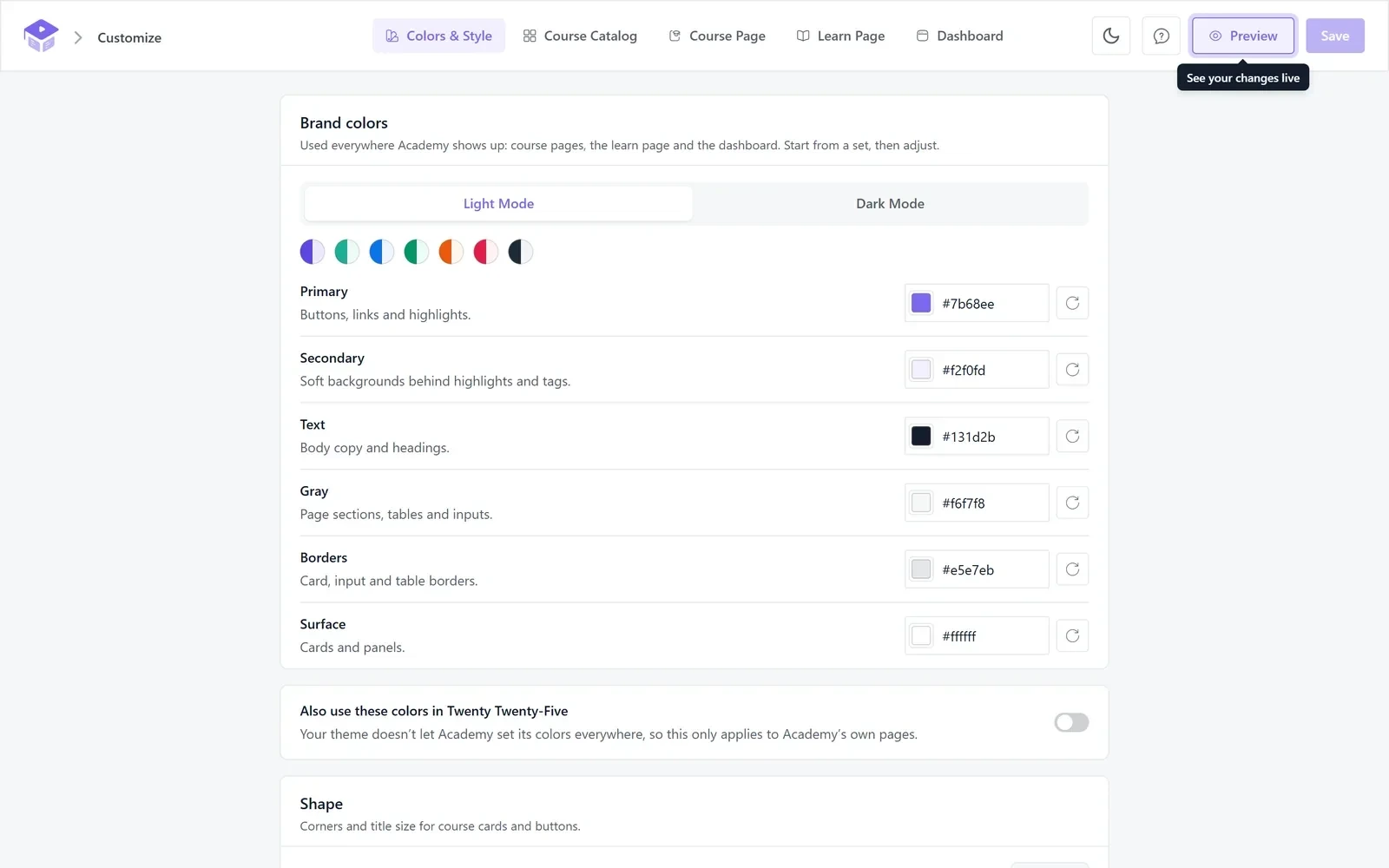 Academy LMS Customize Page