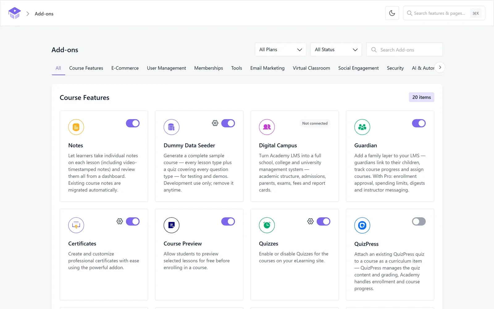 Academy LMS Add-ons screen