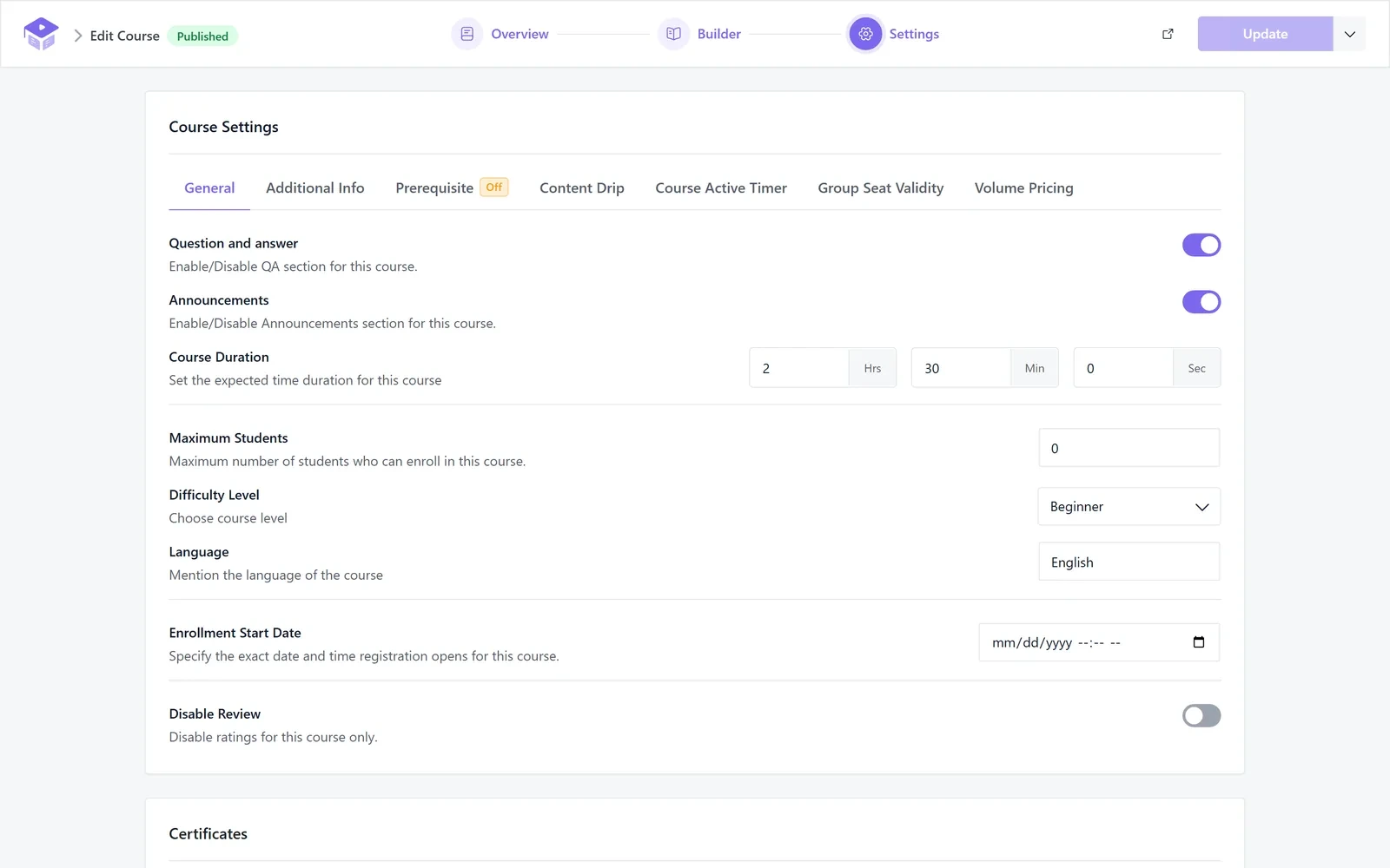 Academy LMS Course Setting