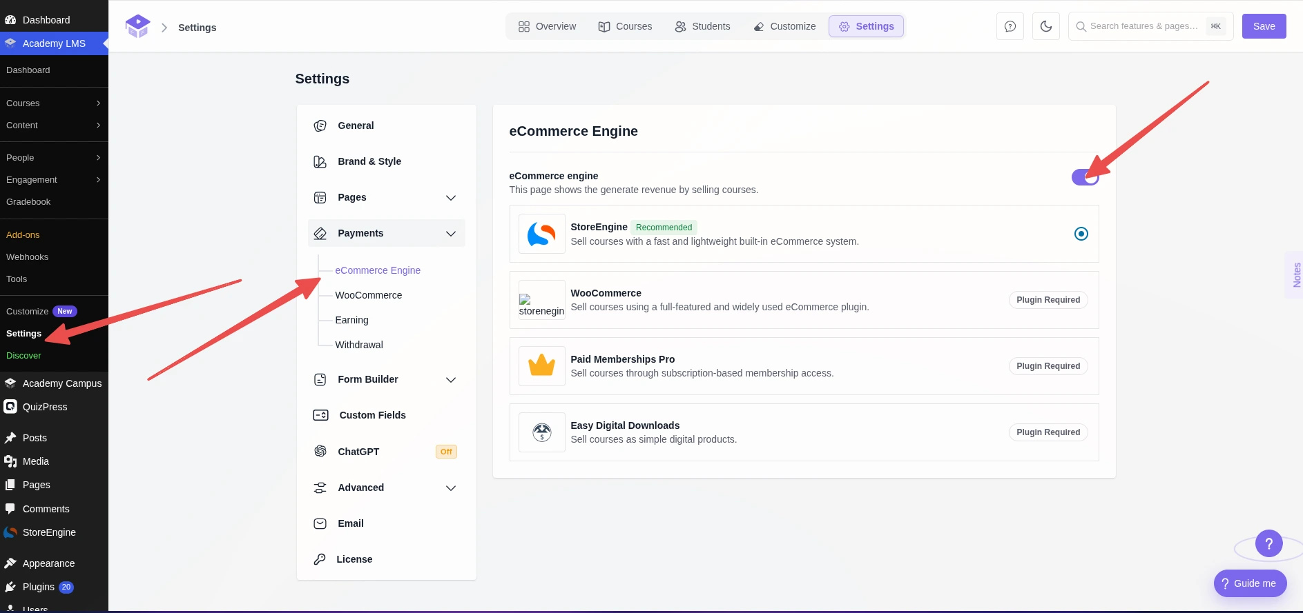Set StoreEngine as ecommerce engine