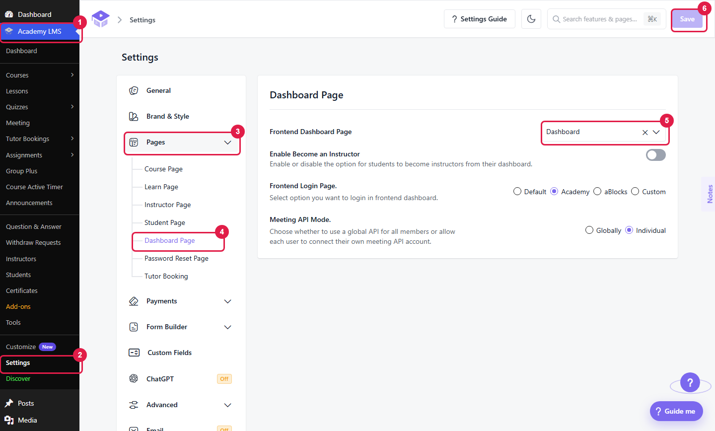 Settings, Pages, Dashboard Page with the Academy LMS and Settings menu items, Pages, Dashboard Page, the page selector and Save marked