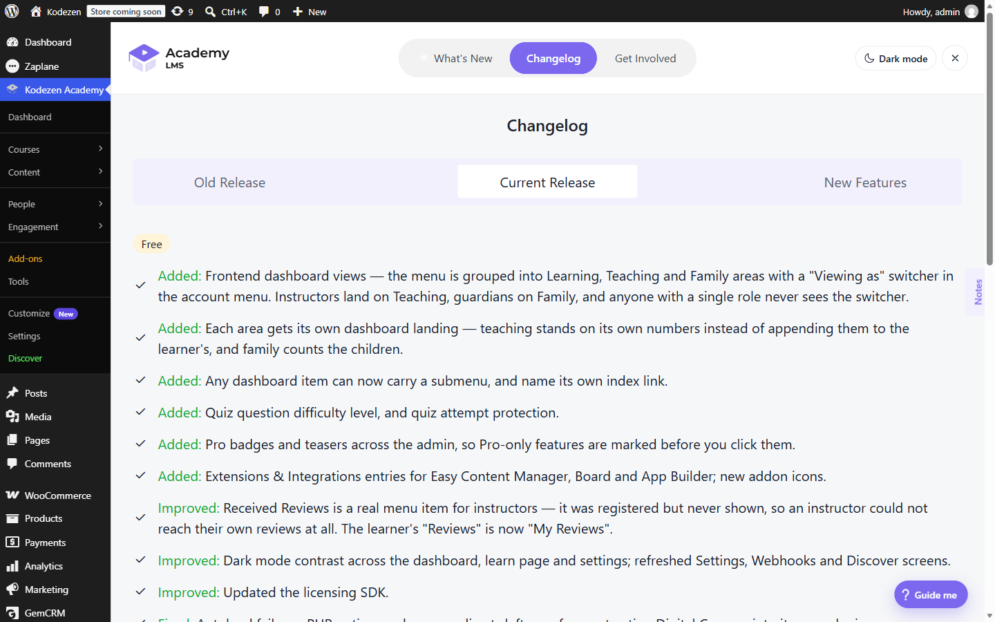 Changelog tab