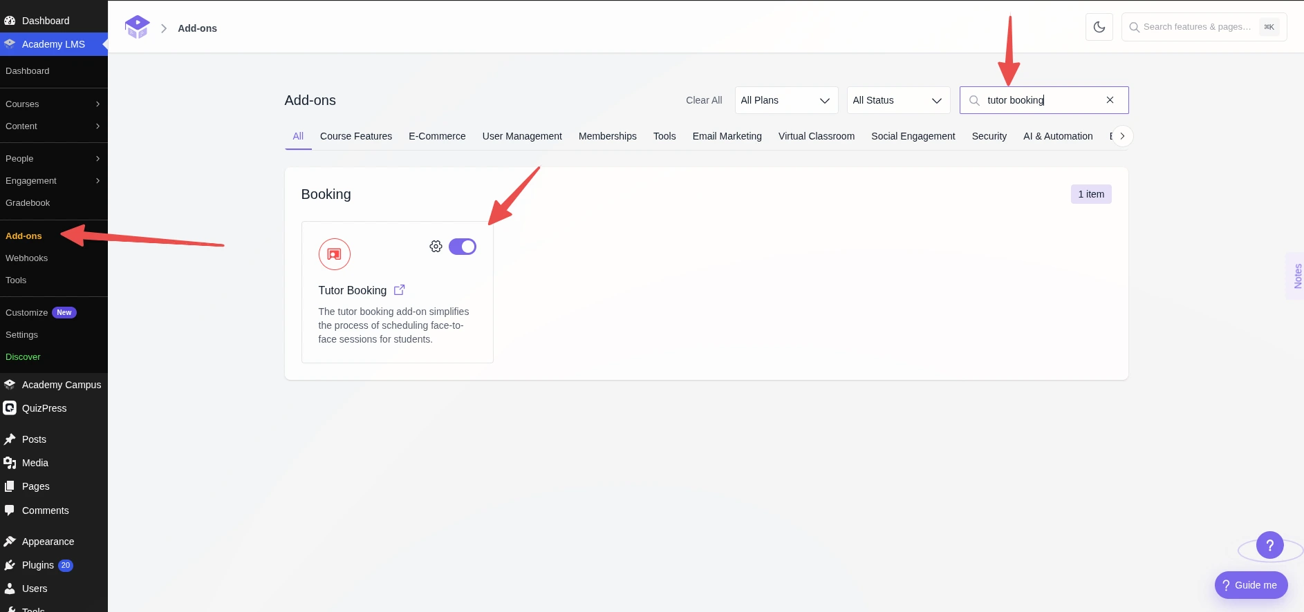 Tutor booking addon activation