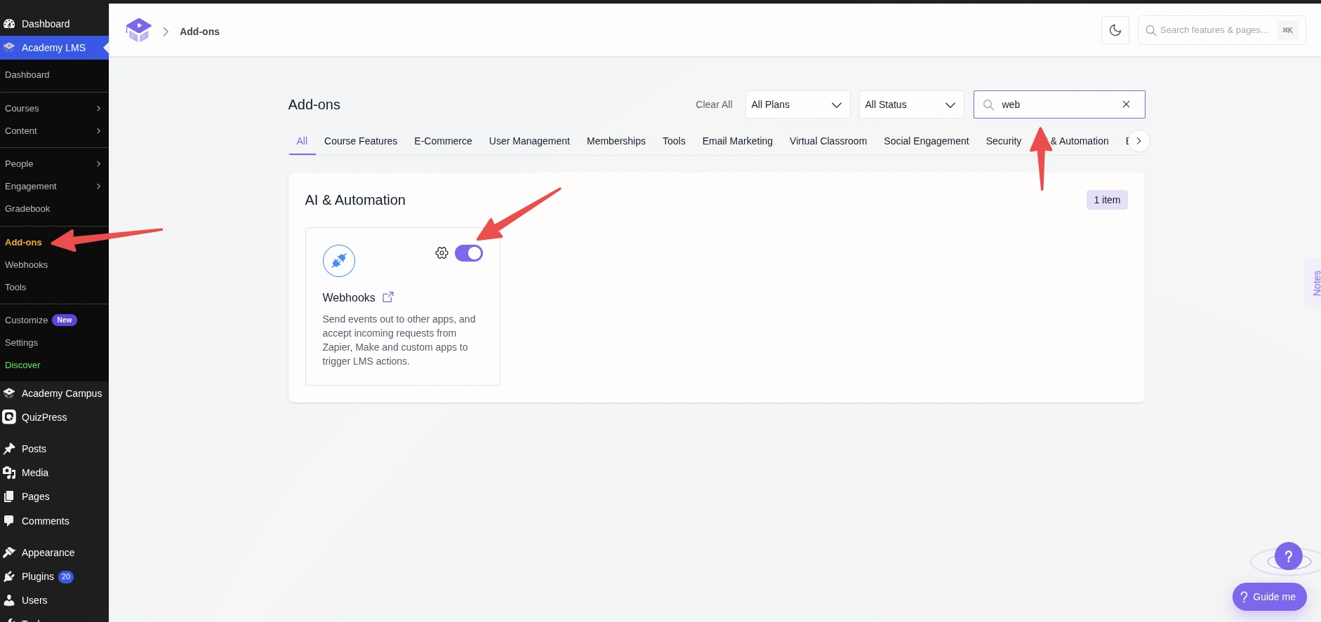 WebHook Addon activation