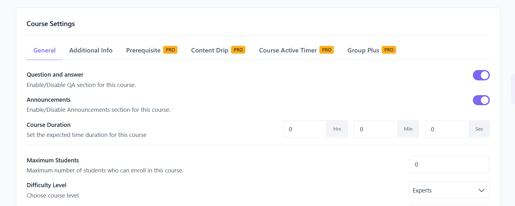 set course settings