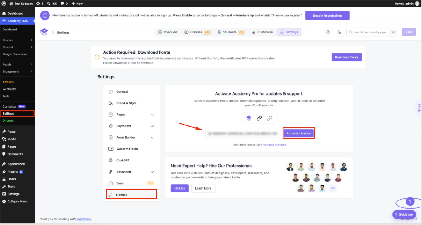 Academy LMS activating the pro license key