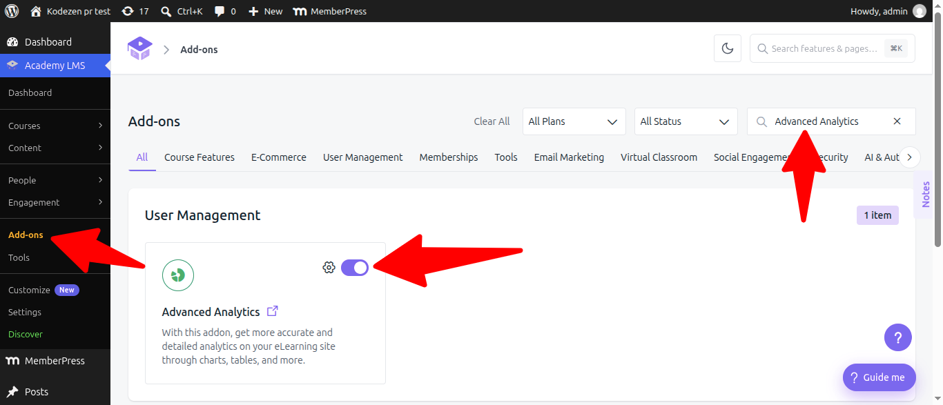 Academy LMS advance analytics addon page