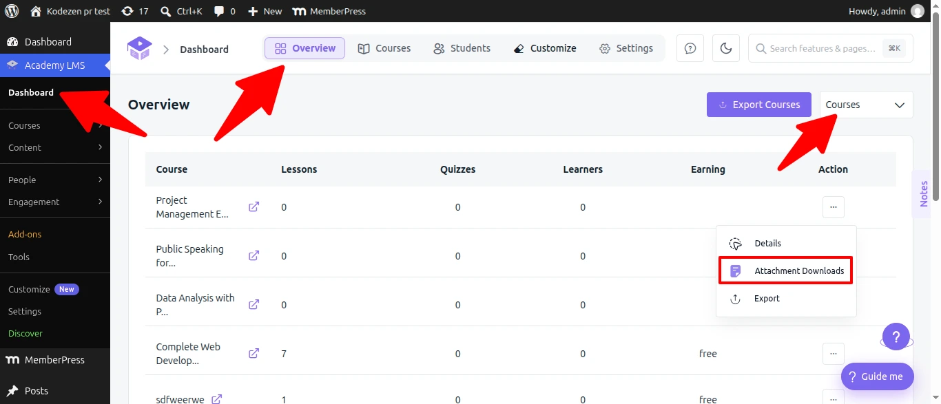 Academy LMS Attachment download page